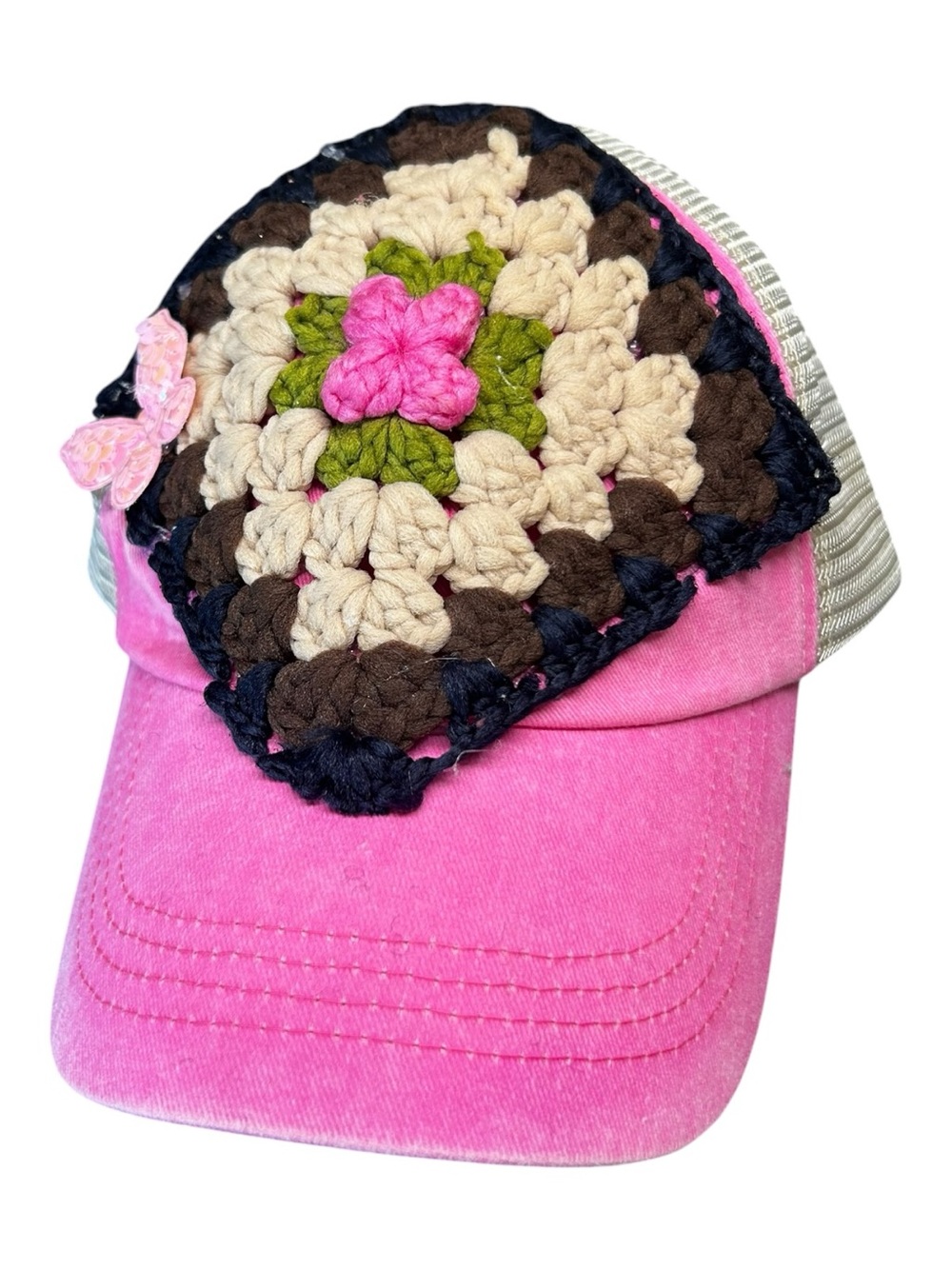 OOAK Pink Boho Granny Square Trucker Hat | Handmade Crochet Snapback